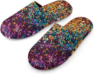 Generic Rainbow Glitter Pattern Warm Mens Slippers Slip On Soft Fleece House Shoes Winter Indoor Outdoor