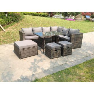 Fimous 9 Seater Grey Rattan Corner Sofa Set Dining Table with 2 Small Footstool Garden Furniture Outdoor - Fimous
