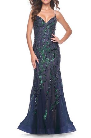 La Femme Mermaid Sequin and Beaded Embellished Prom Dress in Navy at Nordstrom, Size 14