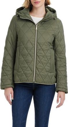 Vince Camuto Water Resistant Hooded Quilted Jacket in Light Olive at Nordstrom Rack, Size X-Large