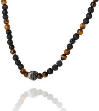 Lucky Brand Mens Lava Rock & Tiger Eye Beaded Necklace, Silver-Tone Center Bead in Black at Nordstrom