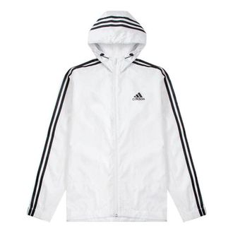 adidas Stripe Logo Micro Mark Printing Sports Training Hooded Jacket White HE4320