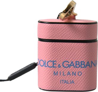 Dolce & Gabbana Womens Pink Blue Calf Leather Logo Print Strap Airpods Case Accessory
