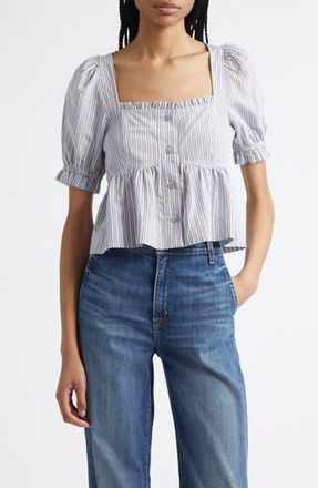 Ganni Yarn Dye Flounce Puff Sleeve Top in Soft Chambray at Nordstrom Rack, Size 8-10 Us / 40 Eu