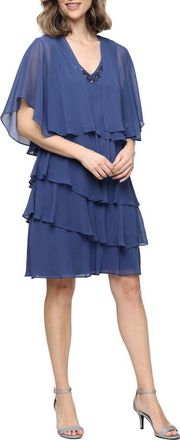 S.L. Fashions Tiered Ruffle Chiffon Dress with Jacket in Wedgewood at Nordstrom, Size 10