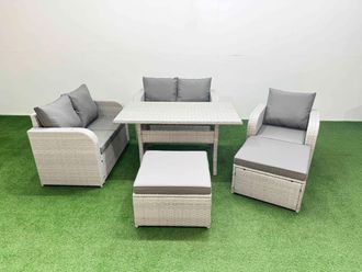 Fimous High Back Poly Rattan Garden Furniture Set w/ Reclining Chair Loveseat Sofa Rectangular Dining Table Indoor Outdoor Patio Set 2 Big Stool