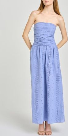 Wayf Pippa Gathered Eyelet Strapless Cotton Midi Dress in Chambray at Nordstrom, Size X-Small