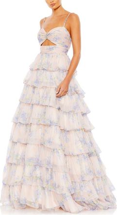 Mac Duggal Floral Cut Out Ruffle Layered Gown in Violet Multi at Nordstrom, Size 14