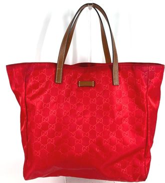 Gucci Red Color Leather Nylon Shoulder Bag Tote Bag (Pre-Owned)