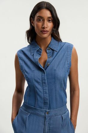 Karen Millen Womens Chambray Stretch Denim Sleeveless Collared Top - Blue Lyocell - Size 10 UK