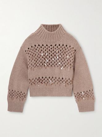 Brunello Cucinelli Pullover In Cashmere Punto A Giorno Con Paillettes - Marrone