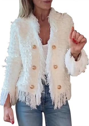 Generic Womens Tassel Elegant Cardigan Jacket Fall Clothes Shirt Tan Cardigan Sweater Women (White, XXL)