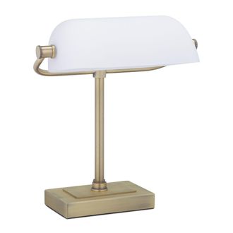 Relaxdays L&aacute;mpara Banquero Vintage, Tulipa Cristal Orientable, Base Metal, Luz Escritorio, E14, Retro, Blanco Y Lat&oacute;n - Relaxdays