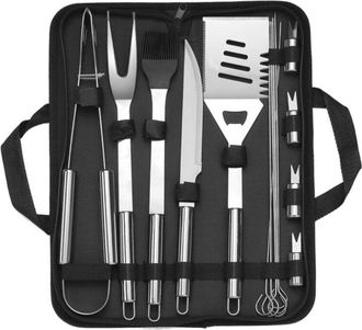 OEM Set Barbecue - Acero Inoxidable 18/10 - 10 Piezas - Pinzas Esp&aacute;tula Tenedor Cepillo Cuchillo Brochetas - Bolsa Transporte Incluida