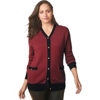 Jessica London V-Neck Cardigan Sweater in Red & Black Small Houndstooth at Nordstrom, Size Medium