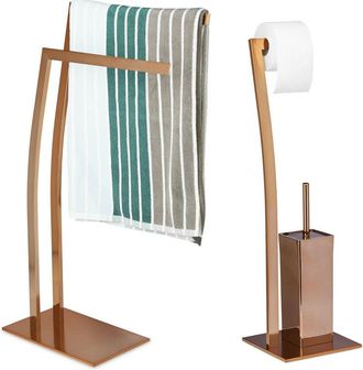 Relaxdays Set Escobillero Portarrollos y Toallero de Pie Rectangular wimedo, 2 Unidades, Acero Inoxidable, Cobre - Relaxdays