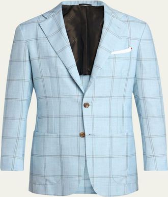 Kiton Mens Windowpane Check Cashmere and Linen Sport Coat