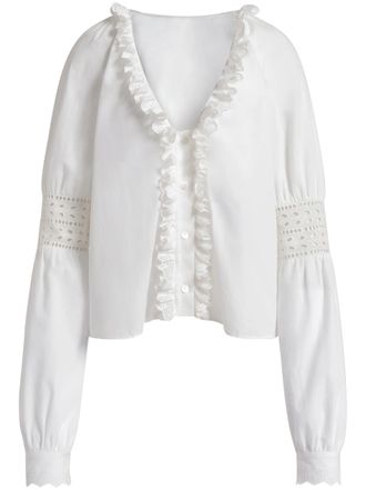 Alberta Ferretti Cropped White Blouse with Ruffled V-Neckline