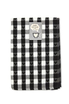 TJ Hughes Hearts - Jumbo Heavy Weight Check Tea Towel with Heart Detail in Black - TJ Hughes
