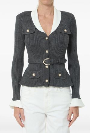 Self Portrait Grey Ribbed Knit Cardigan