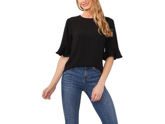 CeCe by Cynthia Steffe Ruffle Cuff Crew Neck Blouse Womens Clothing Rich Black : 2XL, Polyester/Spandex