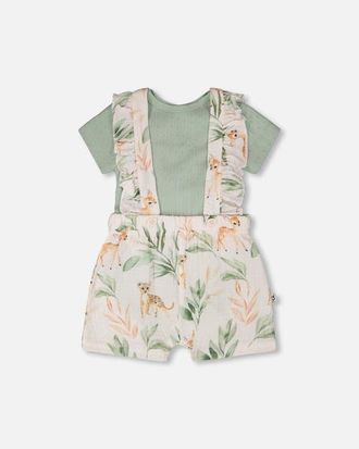 Deux par Deux Pointelle Bodysuit and Cotton Muslin Peach Deer Printed Shortall Set in Green And Peach Deer Print at Nordstrom, Size 12M