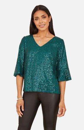 Yumi Fluted Sleeve Sequin Top in Green at Nordstrom, Size 14