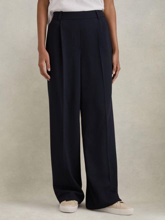 Reiss Eden Wide leg Trousers Plain, Navy Size: 10