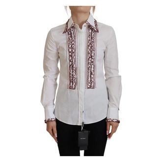 Dolce & Gabbana Shirts, female, White, Size: 2XS Lace Long Sleeve Ruffle Collar Top