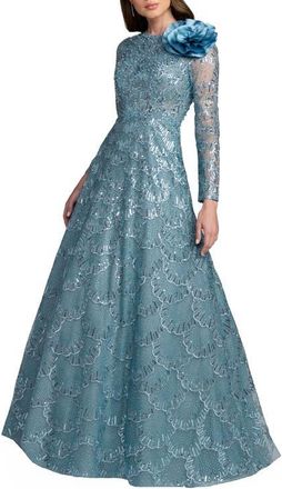 Mac Duggal Embroidered Long Sleeve Flower Detail Gown in French Blue at Nordstrom, Size 20