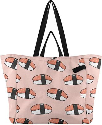 Generic Japanese Sushi Pink print Reusable Canvas Tote Bag, Heavy Duty Grocery Shopping Bag with Double Handles Large Capacity Hard Bottom Work Groceries Trav