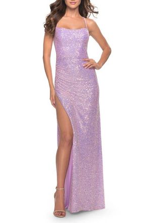 La Femme Ruched Sequin Prom Dress with High Side Slit in Light Periwinkle at Nordstrom, Size 00