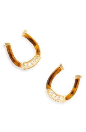 Established Tigers Eye & Diamond Horseshoe Stud Earrings in Tiger Eye at Nordstrom