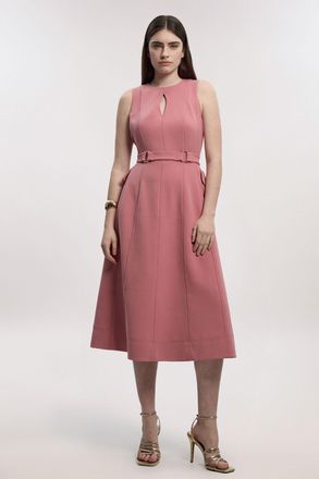 Karen Millen Womens Compact Stretch Belted Seamed Full Skirted Midi Dress - Rose - Size 14 UK