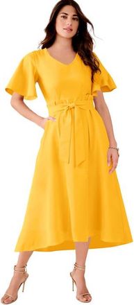 Roaman's Plus Size Flutter Sleeve V Neck Fit And Flare Bi Stretch Maxi Dress in Sunset Yellow at Nordstrom, Size 34