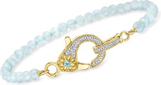 Ross-Simons Aquamarine Bead and. Diamond Lobster Clasp Bracelet With Single Swiss Blue Topaz in 18kt Gold Over Sterling