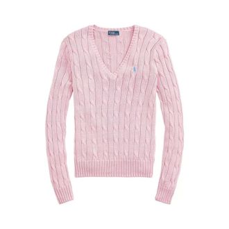 Polo Ralph Lauren Kabelgebreide trui met V-hals - Dames - V-hals truien - Roze - L - Katoen - Truien & Vesten