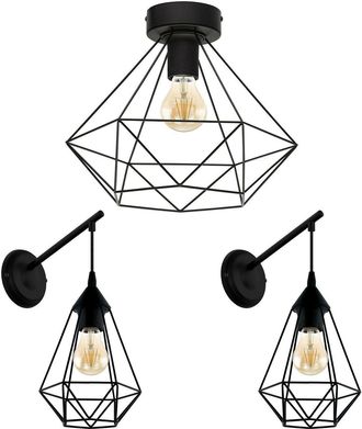 Loops Low Ceiling Light & 2x Matching Wall Lights Black Geometric Wire Cage Shade