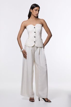 Karen Millen Womens Pinstripe Bandeau Corserted Tailored Wide Leg Jumpsuit - White - Size 12 UK