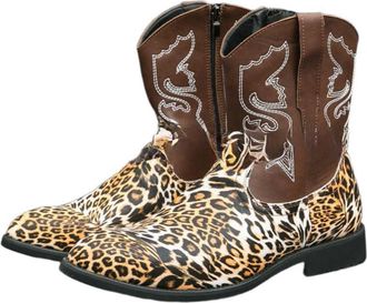 Generic Mens Flat Heel Western Cowboy Boot PU Leather Mid Calf Riding Boots with Embroidered Round Toe Casual Boots,Brown,6.5 UK