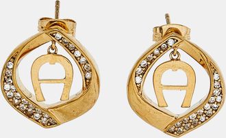 Aigner Gold Tone Logo Crystal Detail Stud Earrings