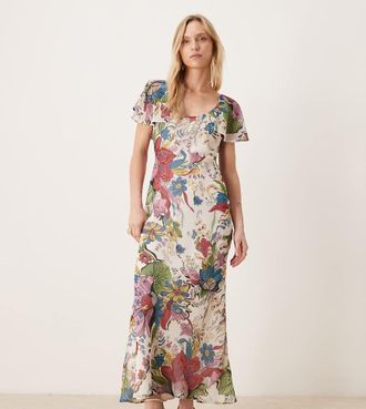 Asos Petite ASOS DESIGN Petite - Vestito lungo con scollo rotondo, maniche con volant e stampa cachemire-Multicolore
