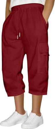 Generic Mens Jogging Bottoms Fleece Cargo Sweatpants Elastic Waist Shorts 3/4 Length Trousers Sports Running Gym Pants Multi Pockets, Wine, 3XL