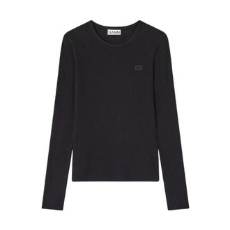 Ganni Geribbelde Top met Lange Mouwen - Dames - Longsleeves - Zwart - L - Katoen - Tops