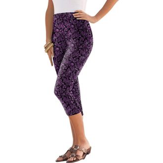 Roaman's Plus Size Essential Stretch Capri Legging in Black Purple Batik at Nordstrom, Size 32