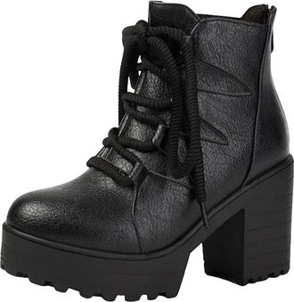 Generic Ladies Retro Ankle Boots Round Toe Super High Chunky Heel Platform With Side Zipper And Lace Up Detail Daily Shoes