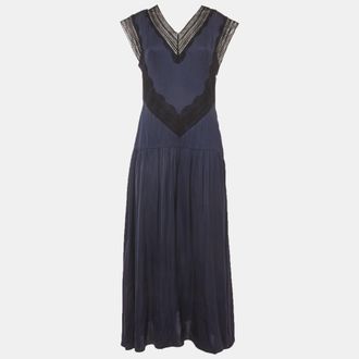 Sandro Navy Blue Satin Eloy Lace-Inset Maxi Dress