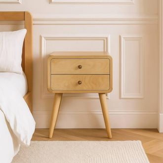 Direct Wicker Solid Wood Curved Oak-ish Bedside, 2 Drawers, Beige in Light Brown | Size: 1 Pack
