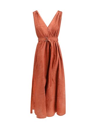 Brunello Cucinelli Womens Midi Dress Orange Flame Cotton