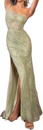 Rachel Allan One Shoulder Side Slit Prom Gown In Sage